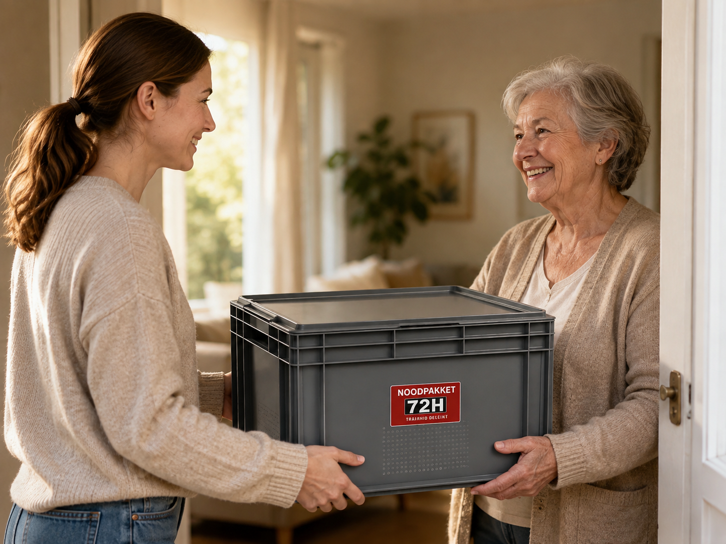 Een Noodpakket 72H wordt geschonken aan iemand die extra hulp bij voorbereiding kan gebruiken
