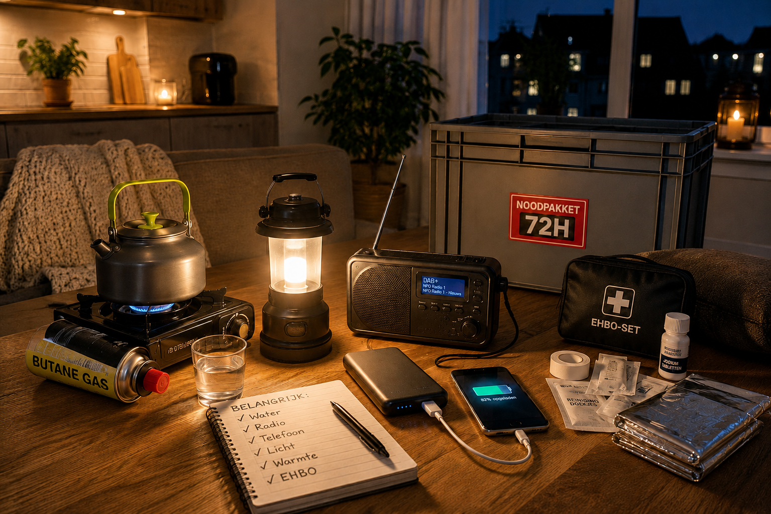 Noodpakket in gebruik tijdens een stroomstoring thuis