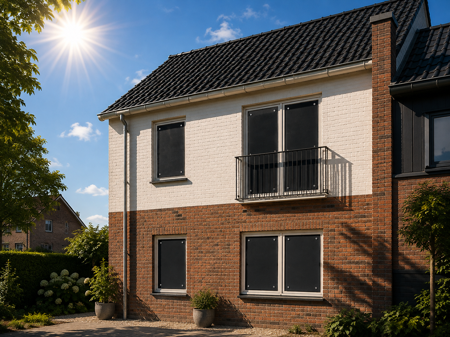 Woning met warmtewerende zonwering op de ramen tijdens een zonnige zomerdag
